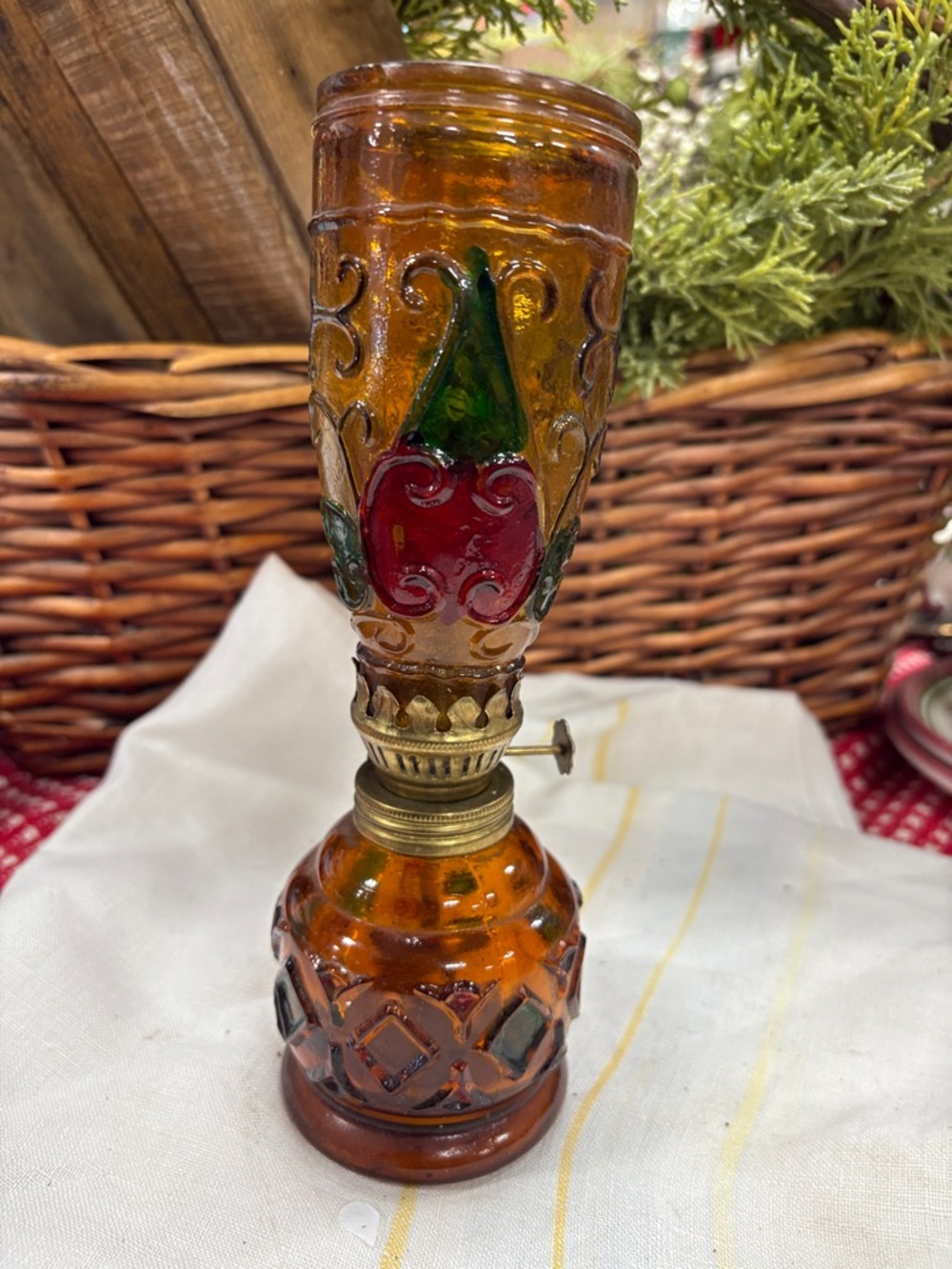 Amber Glass Decorative Oil Lamp with Red & Green Floral Accent